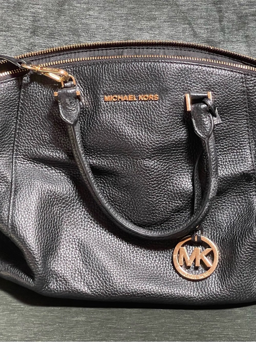Michael Kors Black Pebbled Leather Satchel with Gold Logo Charm